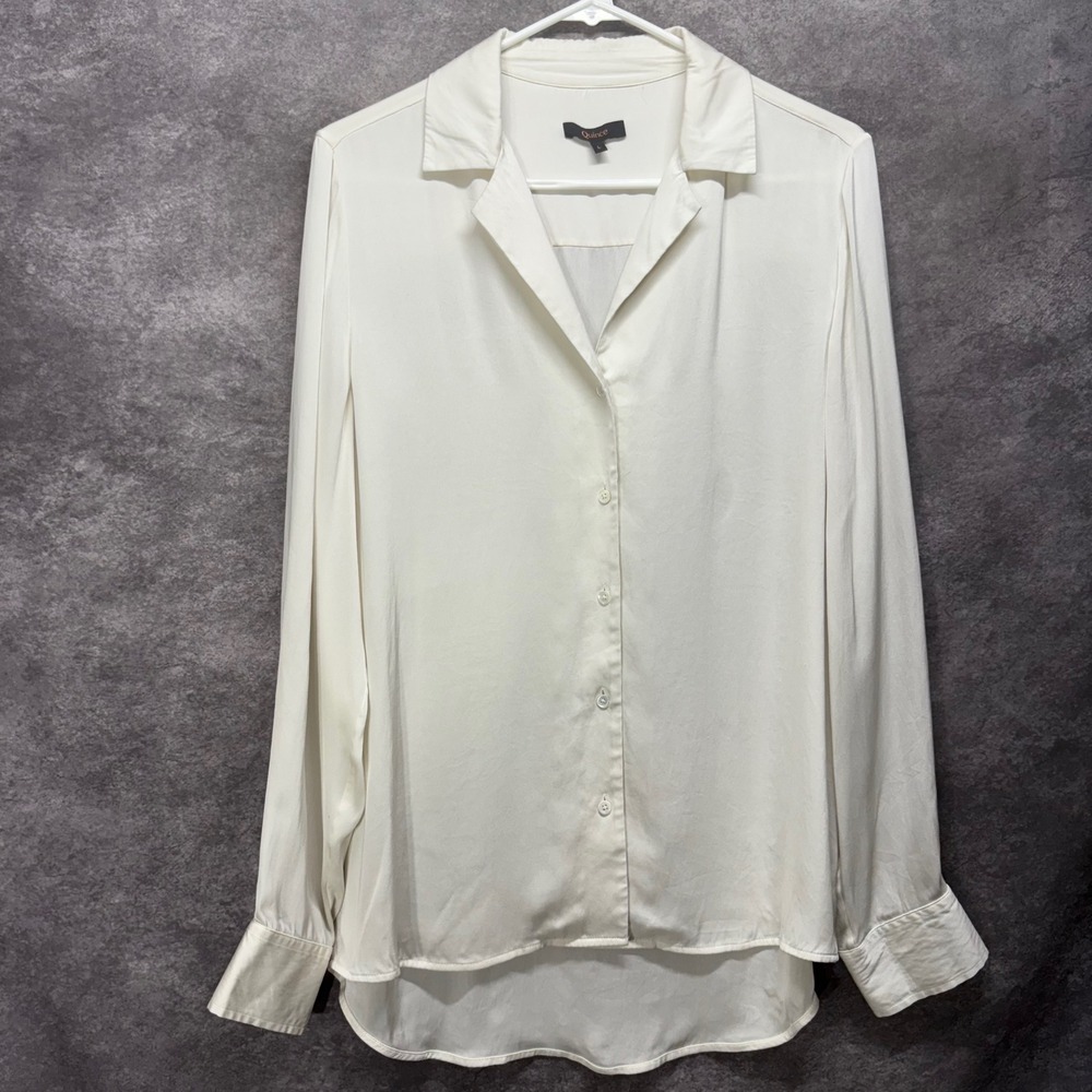 Quince Stretch Silk Button Down Shirt Blouse Size L Cream Off-White Satin